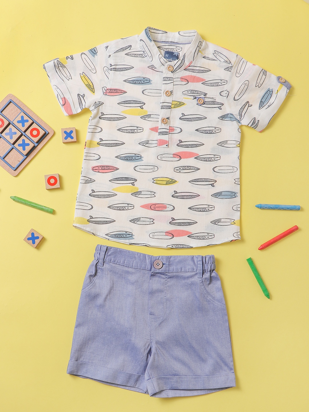 

Nauti Nati Boys White & Blue Printed Pure Cotton Shirt with Shorts