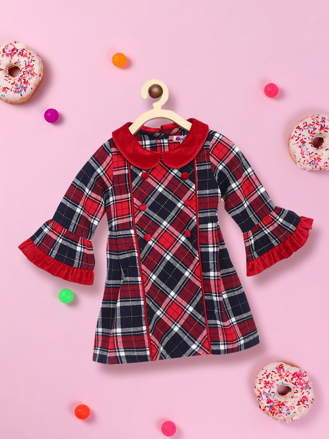 

Nauti Nati Girl Red Checked Peter Pan Collar A-Line Cotton Dress