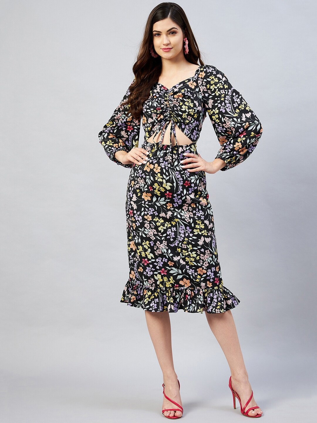 

RARE Black Floral Printed Crepe Sheath Midi Dress
