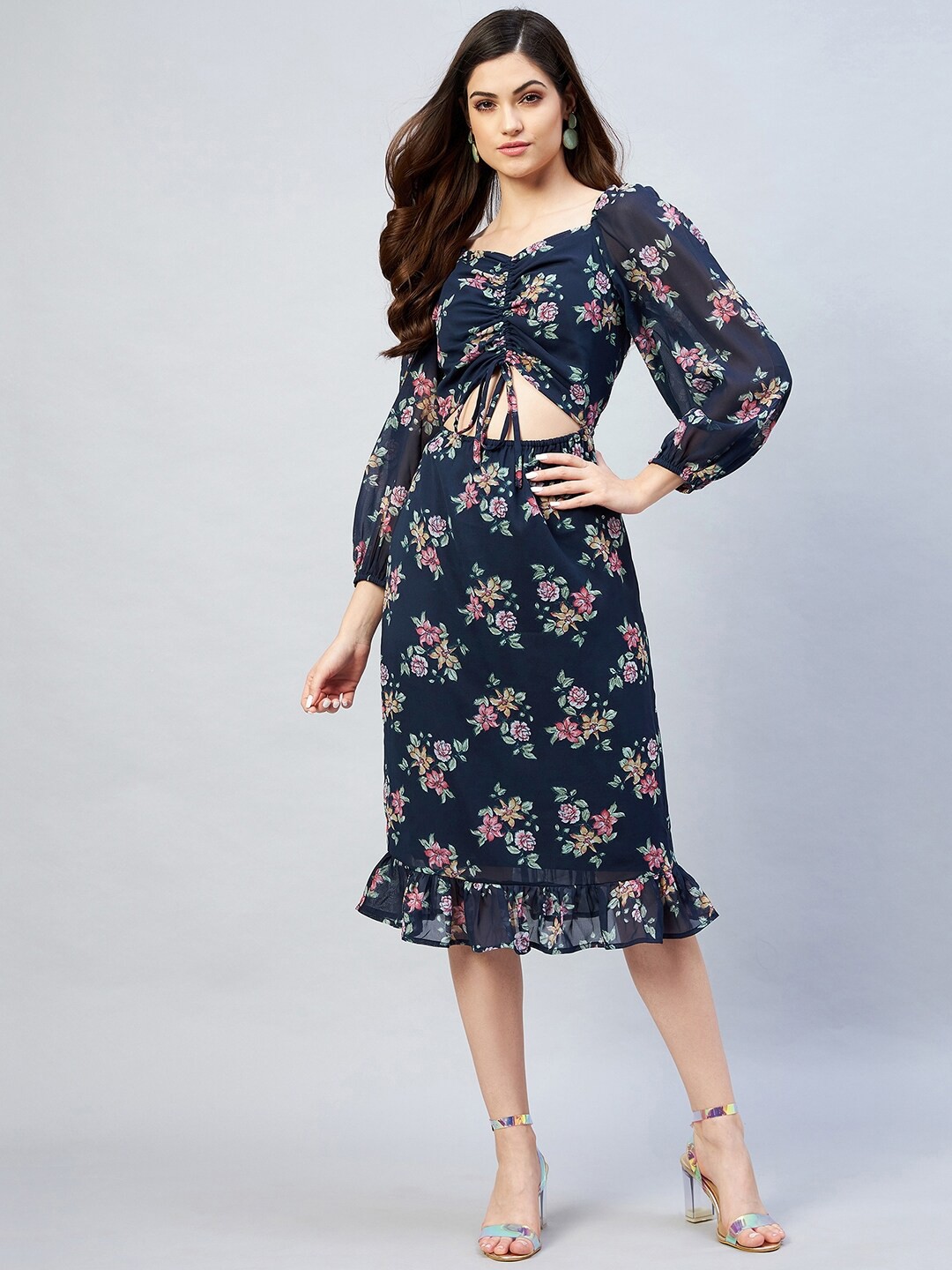 

RARE Navy Blue & Pink Floral Georgette Midi Dress