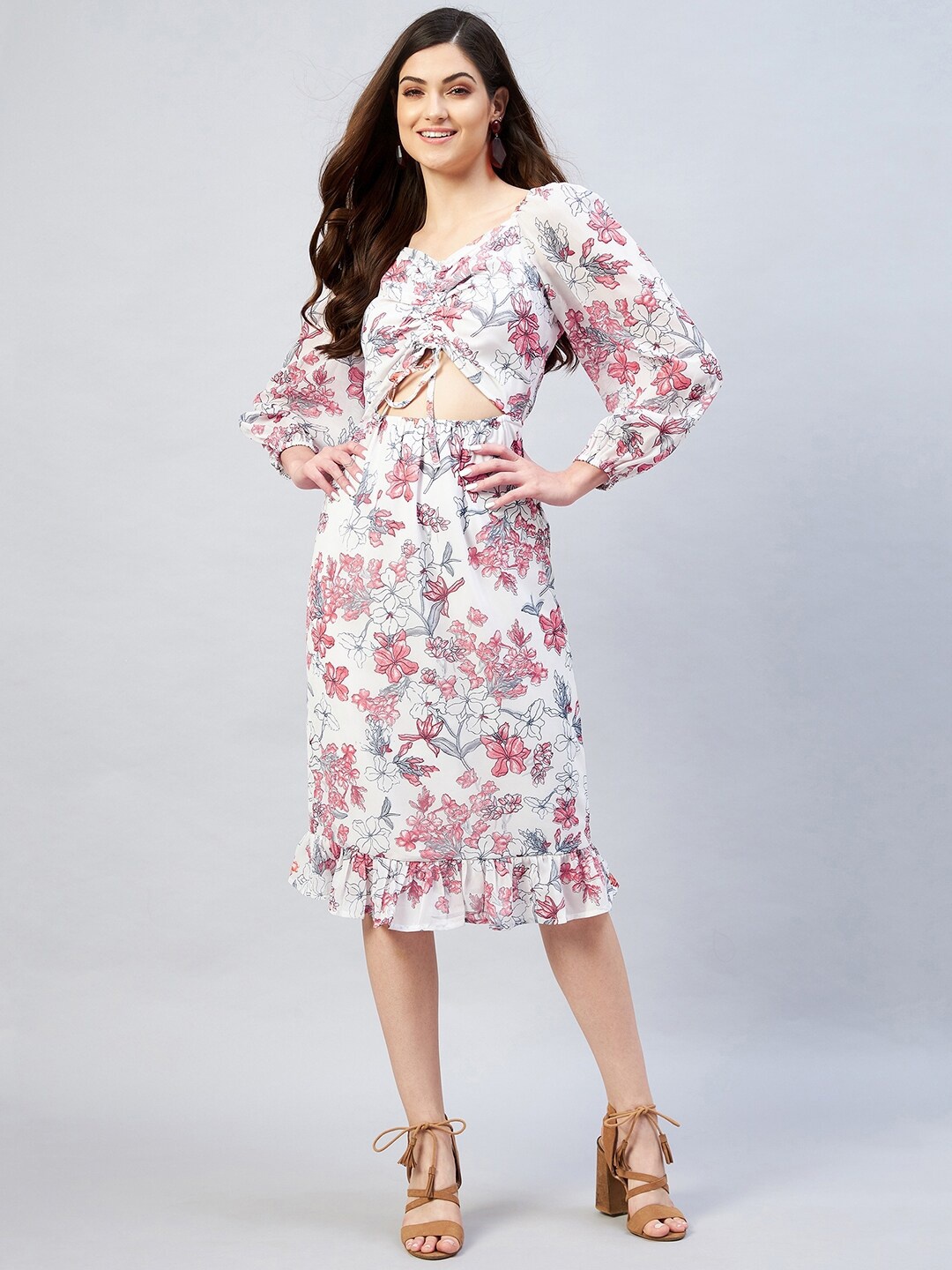 

RARE Off White & Pink Floral Georgette Midi Dress