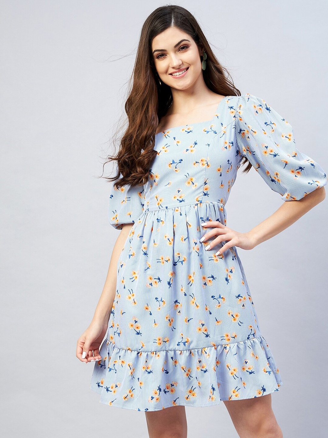 

RARE Blue & Cream-Coloured Floral Printed Crepe A-Line Mini Dress