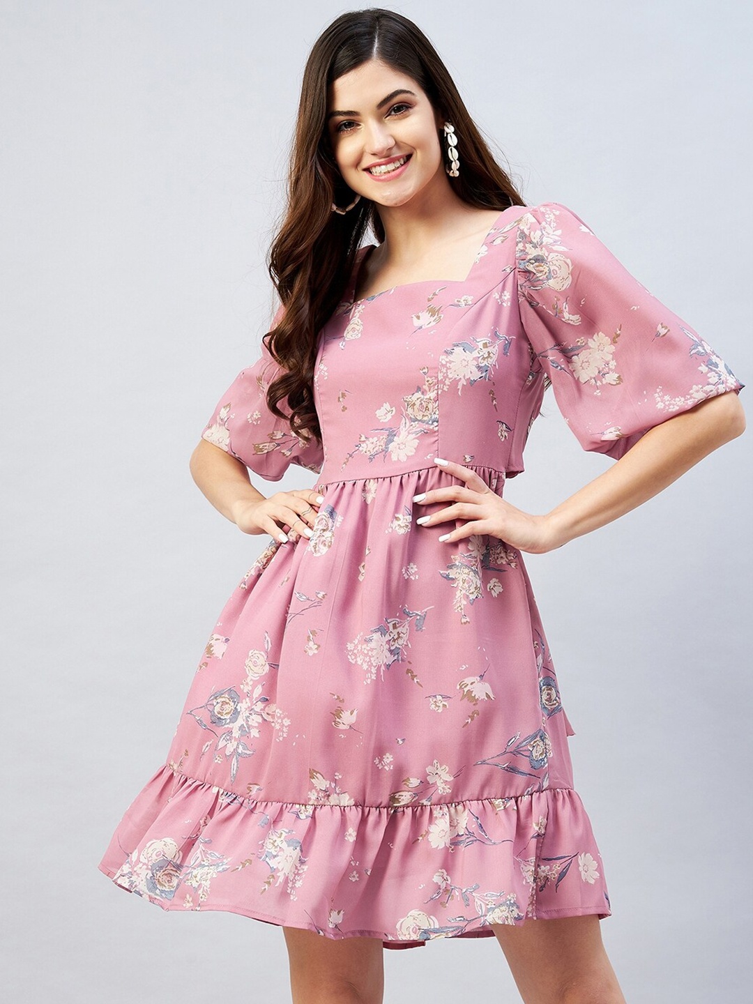 

RARE Women Pink & White Floral Printed Georgette A-Line Dress