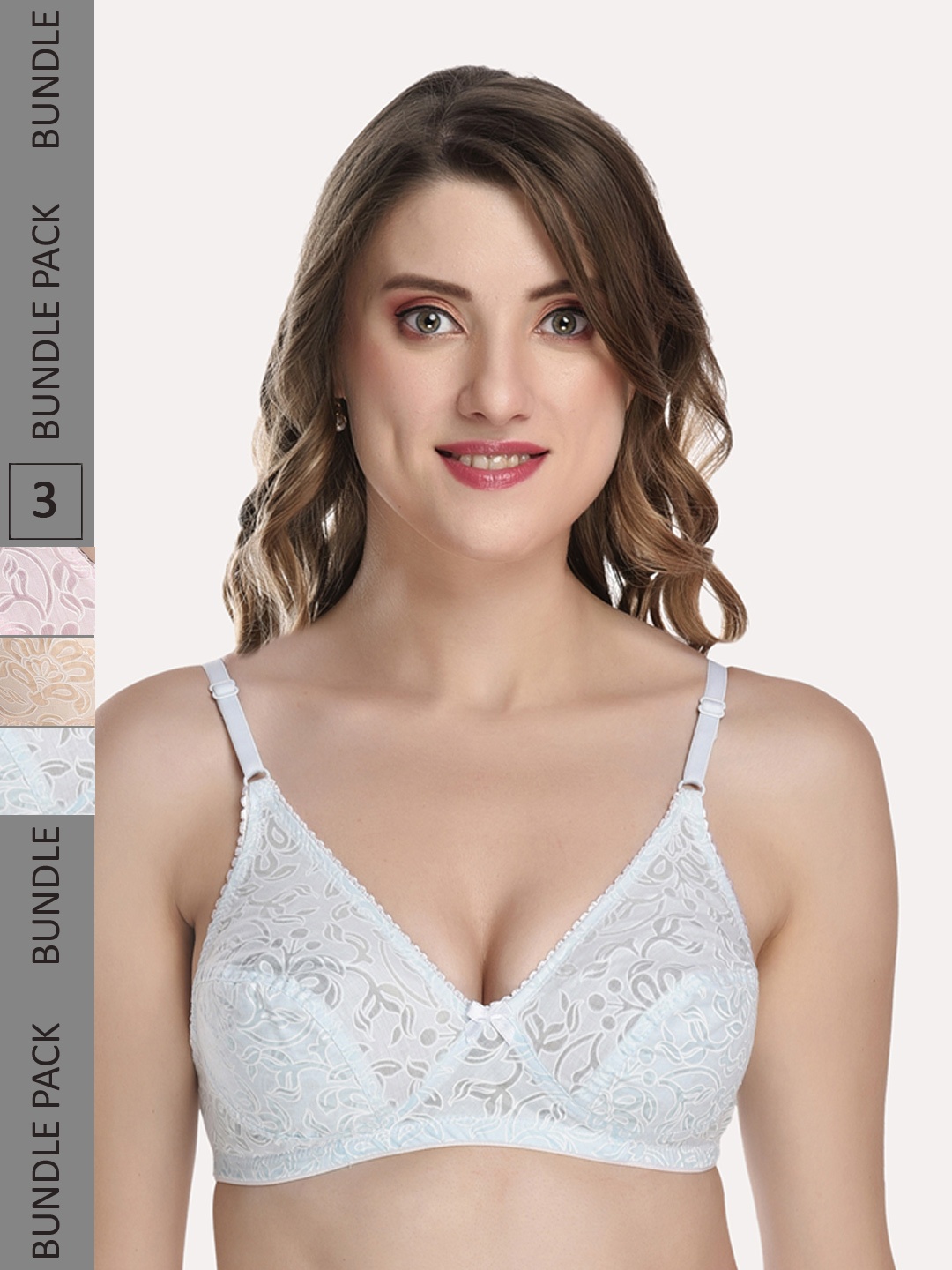 

Softskin Women Pack Of 3 Printed Non Padded Cotton Bra, Blue