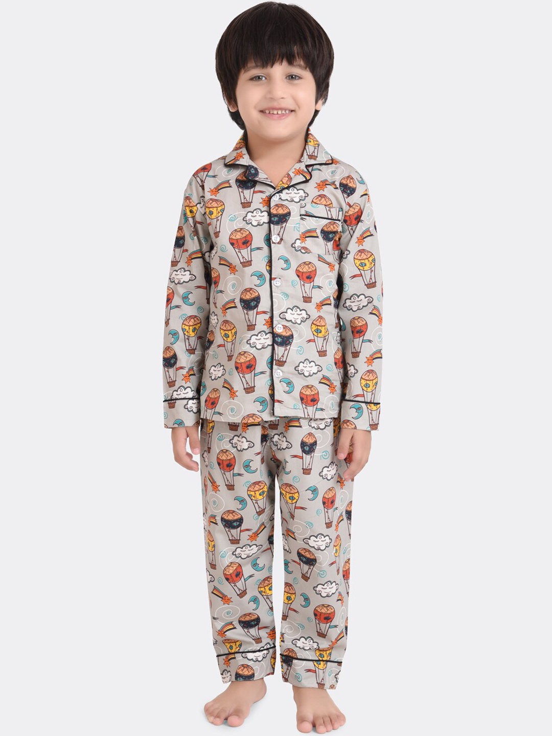 

KOOCHI POOCHI Kids Grey & Brown Printed Pure Cotton Night suit