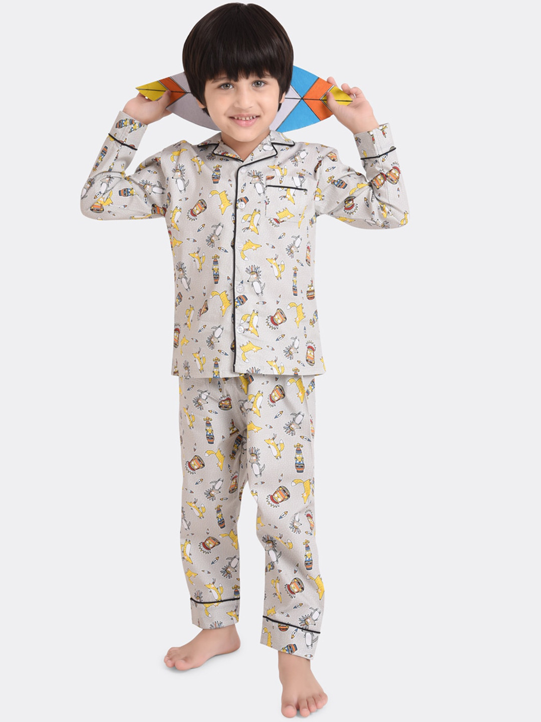 

KOOCHI POOCHI Unisex Kids Grey & Yellow Pure Cotton Printed Night suit