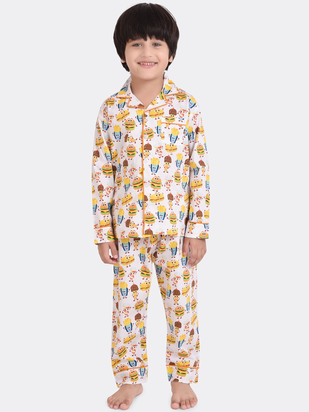 

KOOCHI POOCHI Boys Off White & Yellow Printed Pure Cotton Night suit