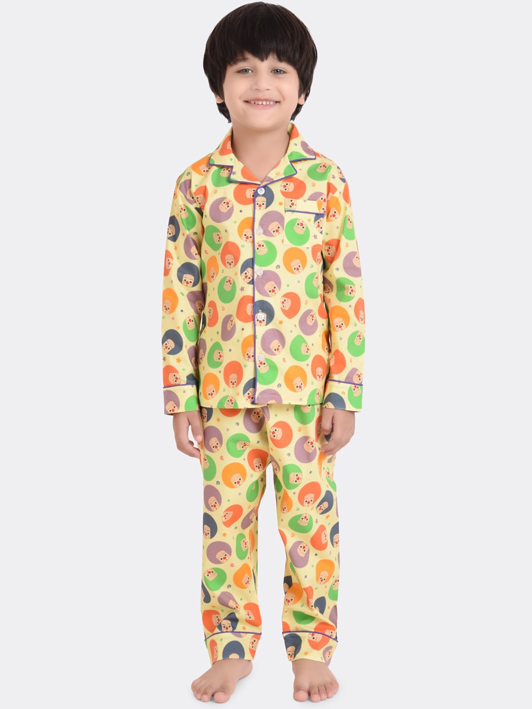 

KOOCHI POOCHI Unisex Kids Yellow & Green Printed Pure Cotton Full Sleeves Night suit