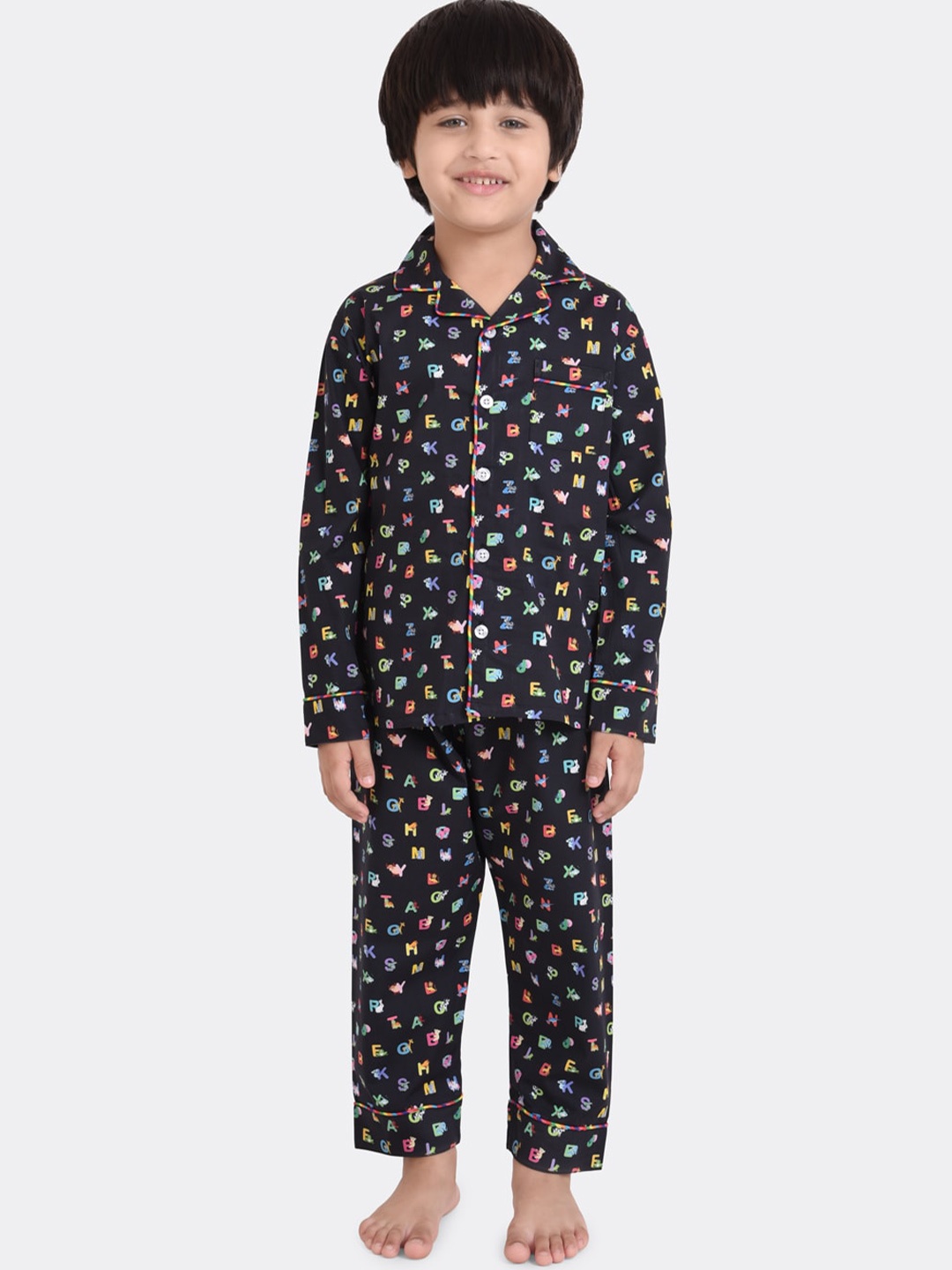 

KOOCHI POOCHI Unisex Kids Black & Pink Pure Cotton Printed Night suit