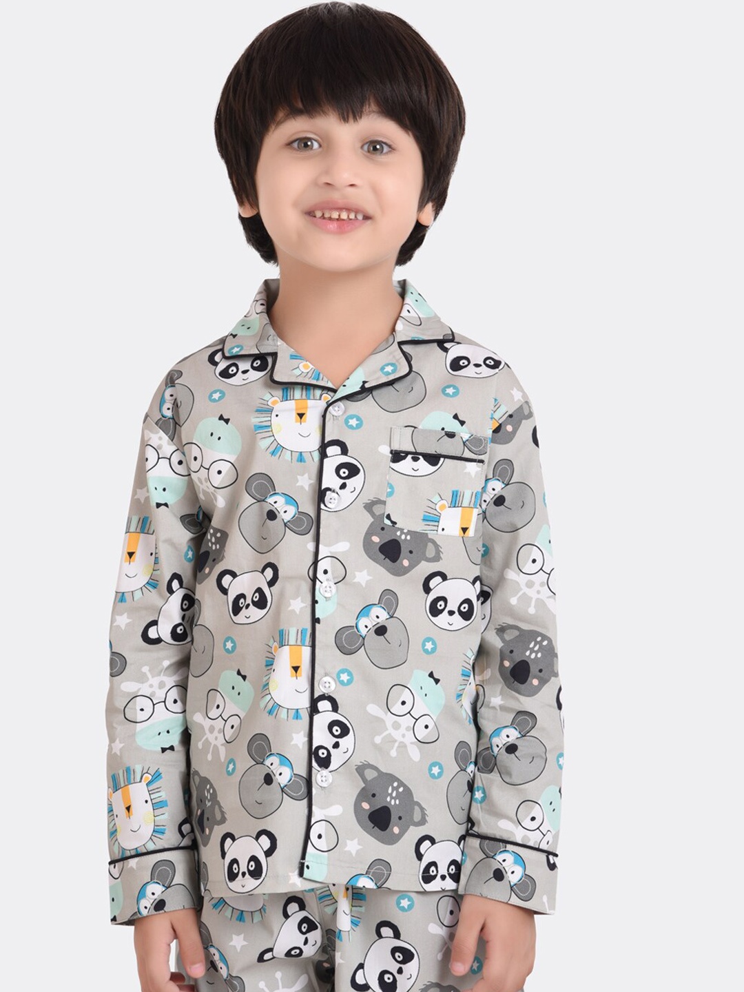 

KOOCHI POOCHI Unisex Kids Grey & Blue Printed Pure Cotton Nightsuit