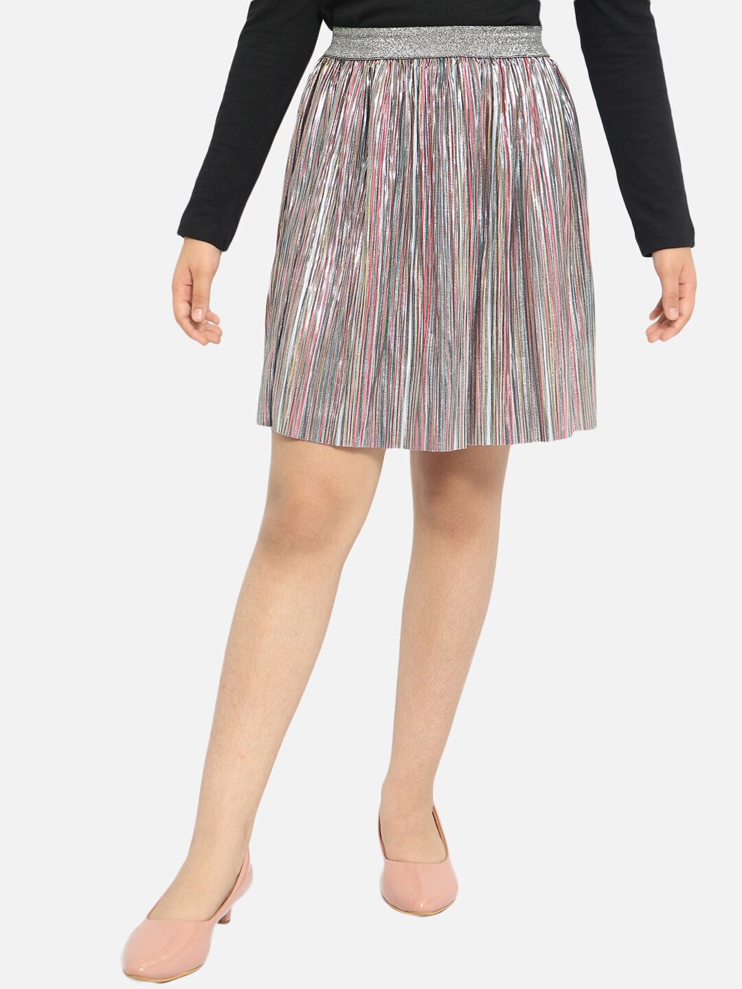 

Natilene Girls Striped Pleated Polyester Skirt, Multi
