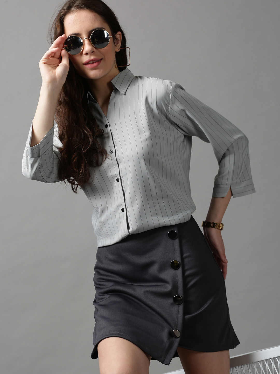 

SHOWOFF Women Grey Striped Casual Shirt