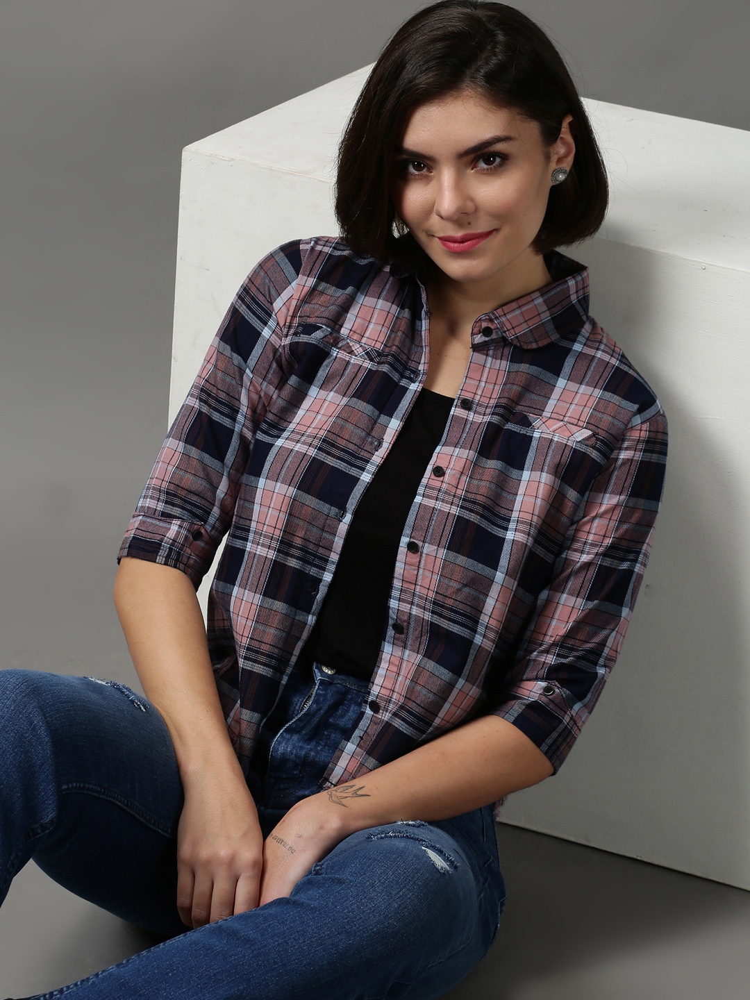 

SHOWOFF Women Peach-Coloured & Black Tartan Checked Crop Casual Shirt