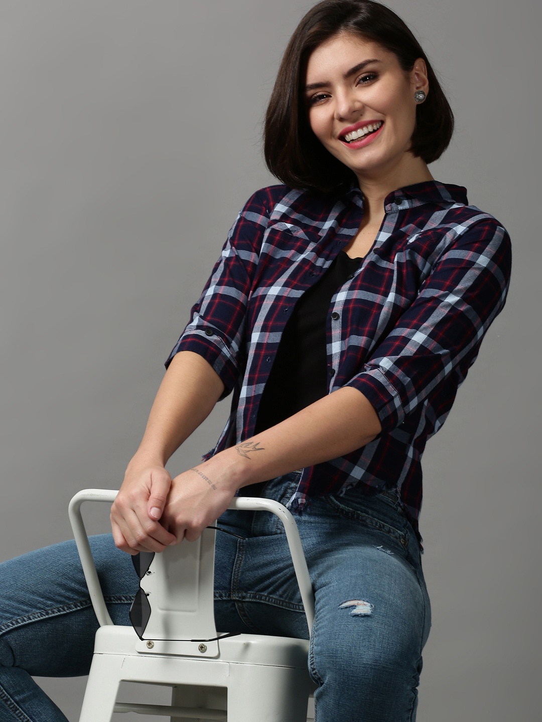 

SHOWOFF Women Navy Blue & Red Checked Cotton Casual Shirt