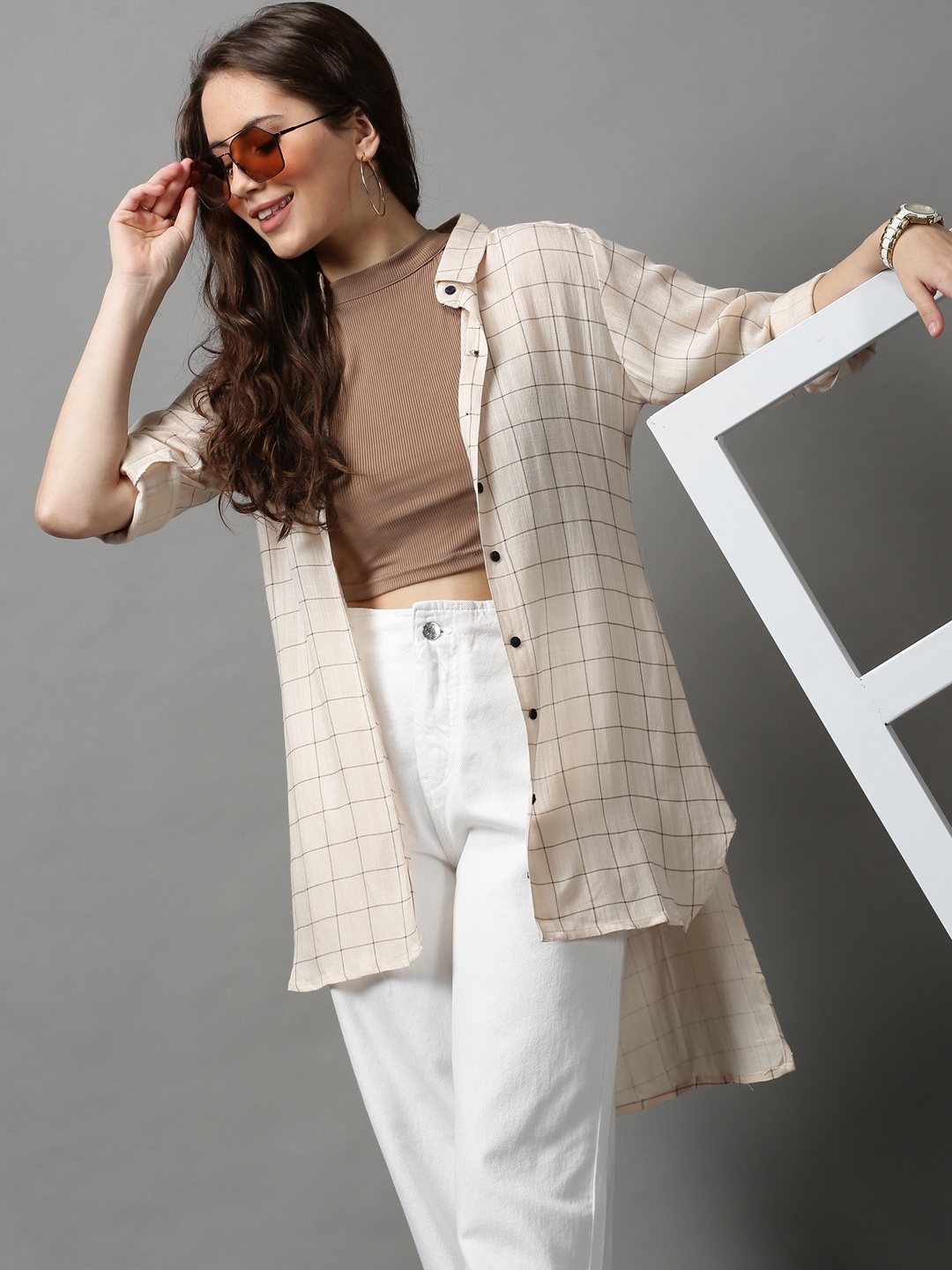 

SHOWOFF Women Beige Tartan Checks Checked Casual Shirt