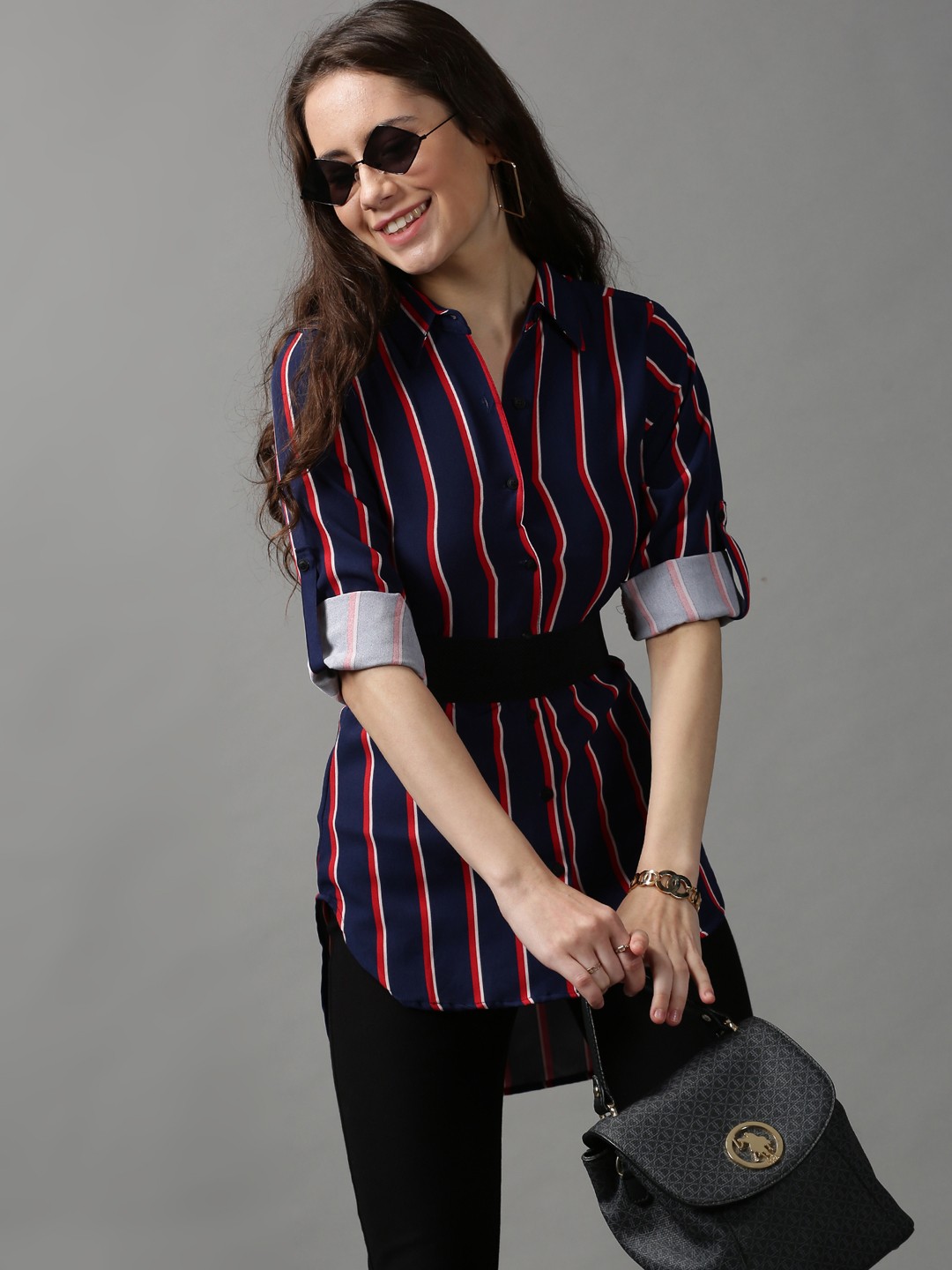

SHOWOFF Women Navy Blue Striped Casual Shirt