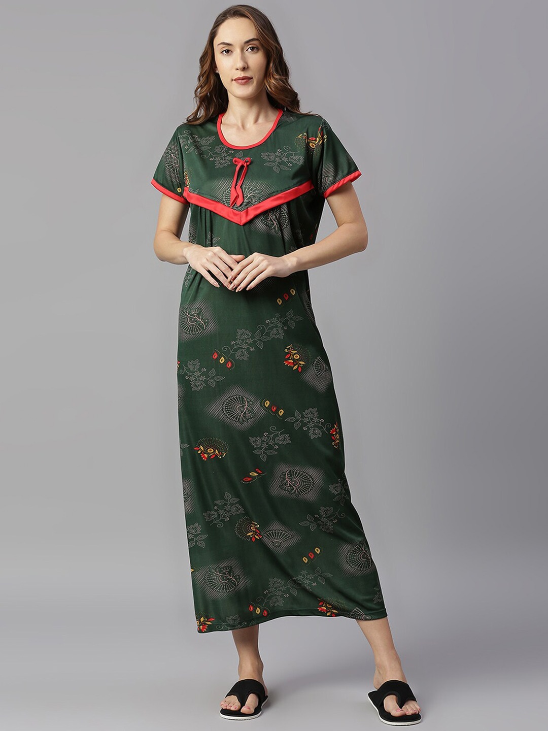 

Pretty Awesome Green Maternity Feeding Printed Maxi Nightdress