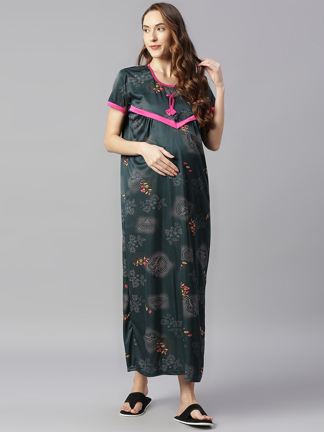 

Pretty Awesome Women Green Printed Maternity Feeding Maxi Nightdress