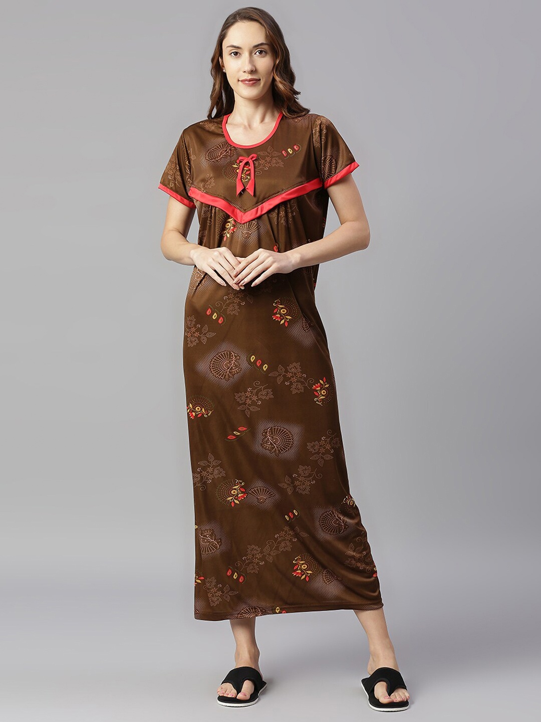 

Pretty Awesome Brown Printed Maternity Feeding Maxi Nightdress