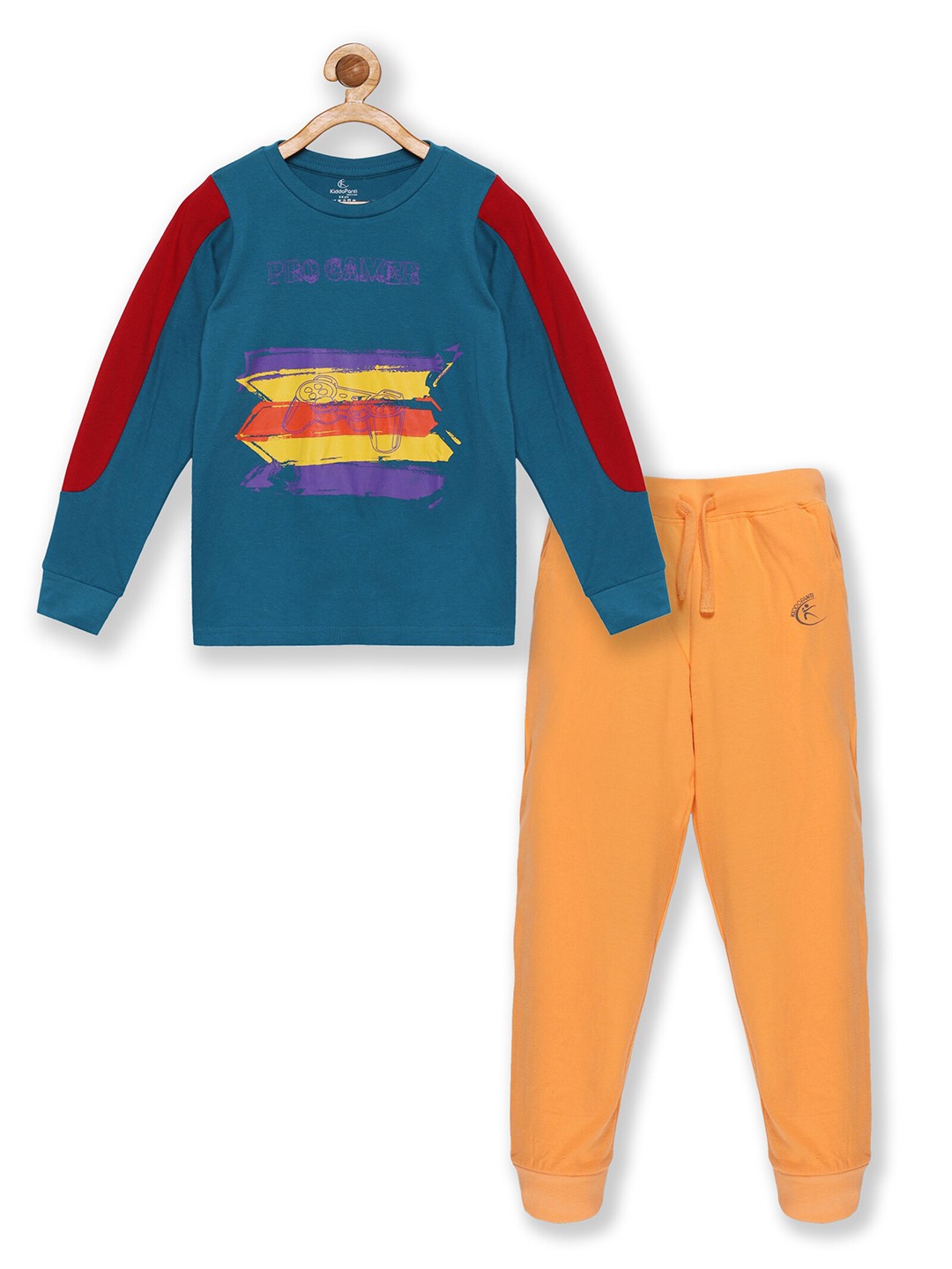 

KiddoPanti Boys Teal & Orange Printed Pure Cotton T-shirt with Jogger Trouser Set
