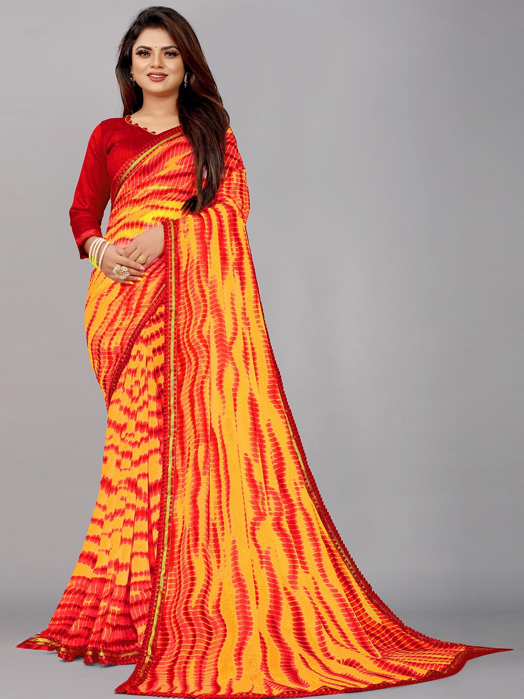 

B4ME COM Orange & Red Tie and Dye Block Print Saree