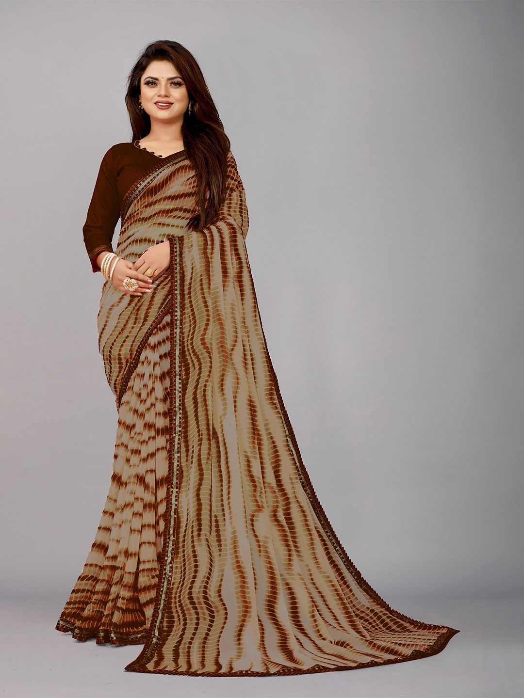 

B4ME COM Brown Ready to Wear Block Print Saree