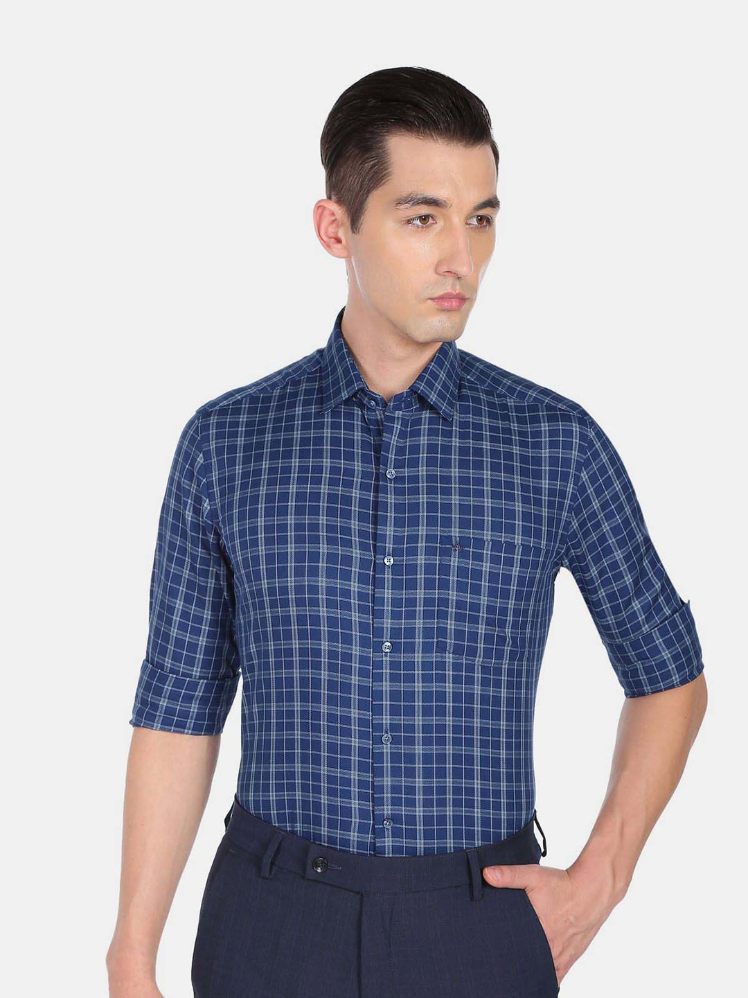 

Arrow Men Blue Slim Fit Grid Tattersall Checks Cotton Formal Shirt
