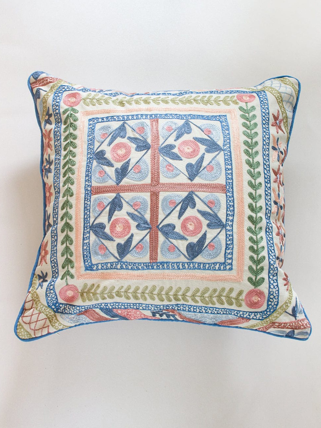 

The Wishing Chair Off White & Blue Embroidered Square Cushion Cover
