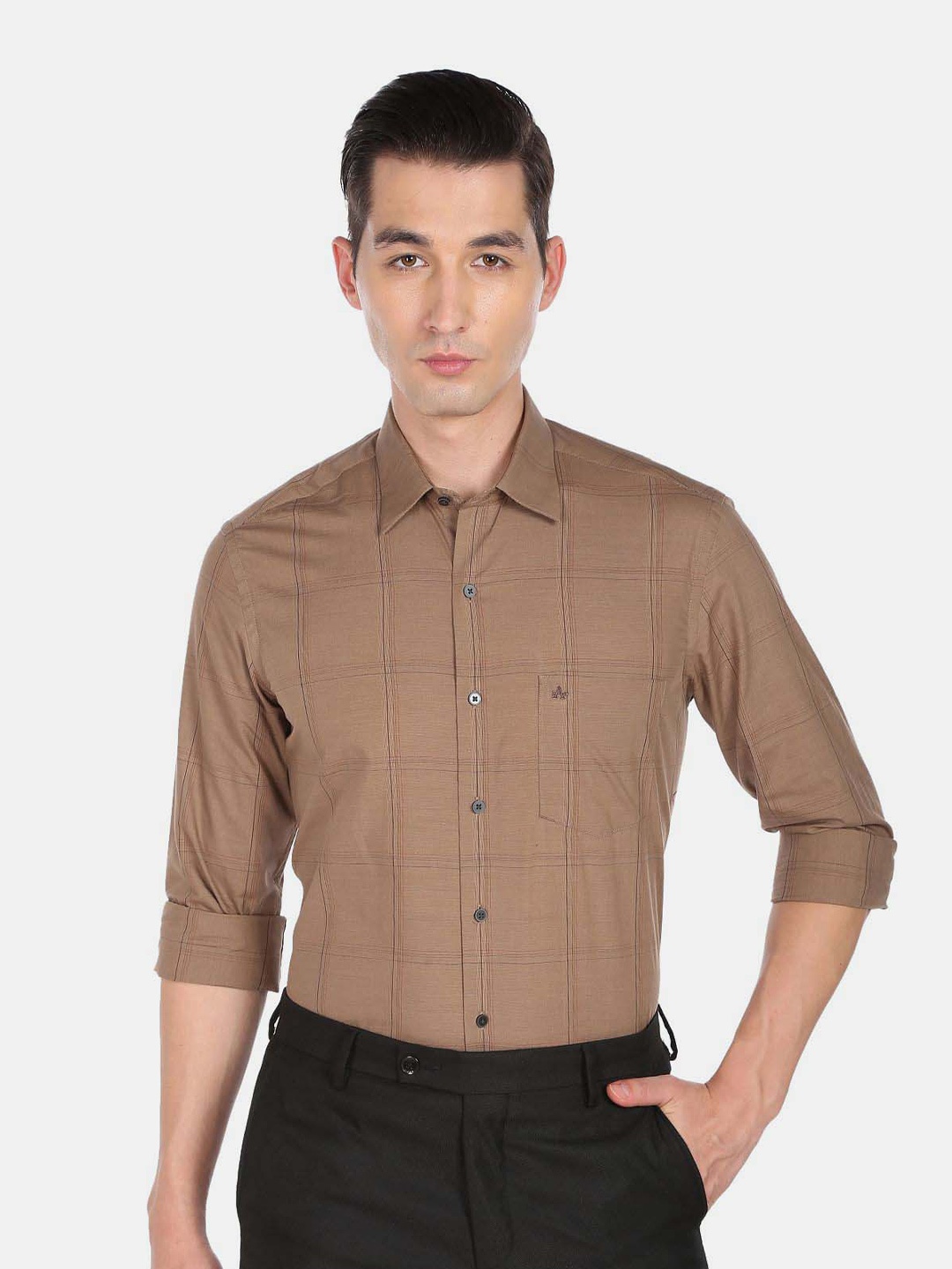 

Arrow New York Men Brown Slim Fit Windowpane Checked Pure Cotton Casual Shirt