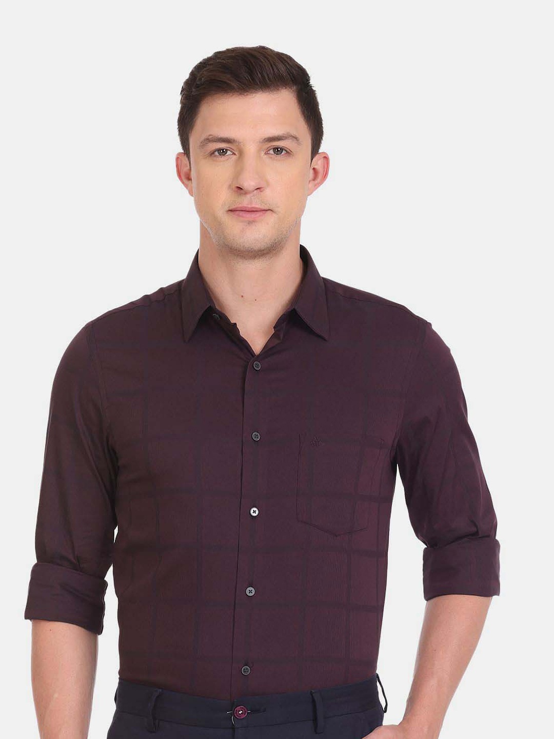 

Arrow New York Men Maroon Skinny Fit Windowpane Checks Formal Shirt