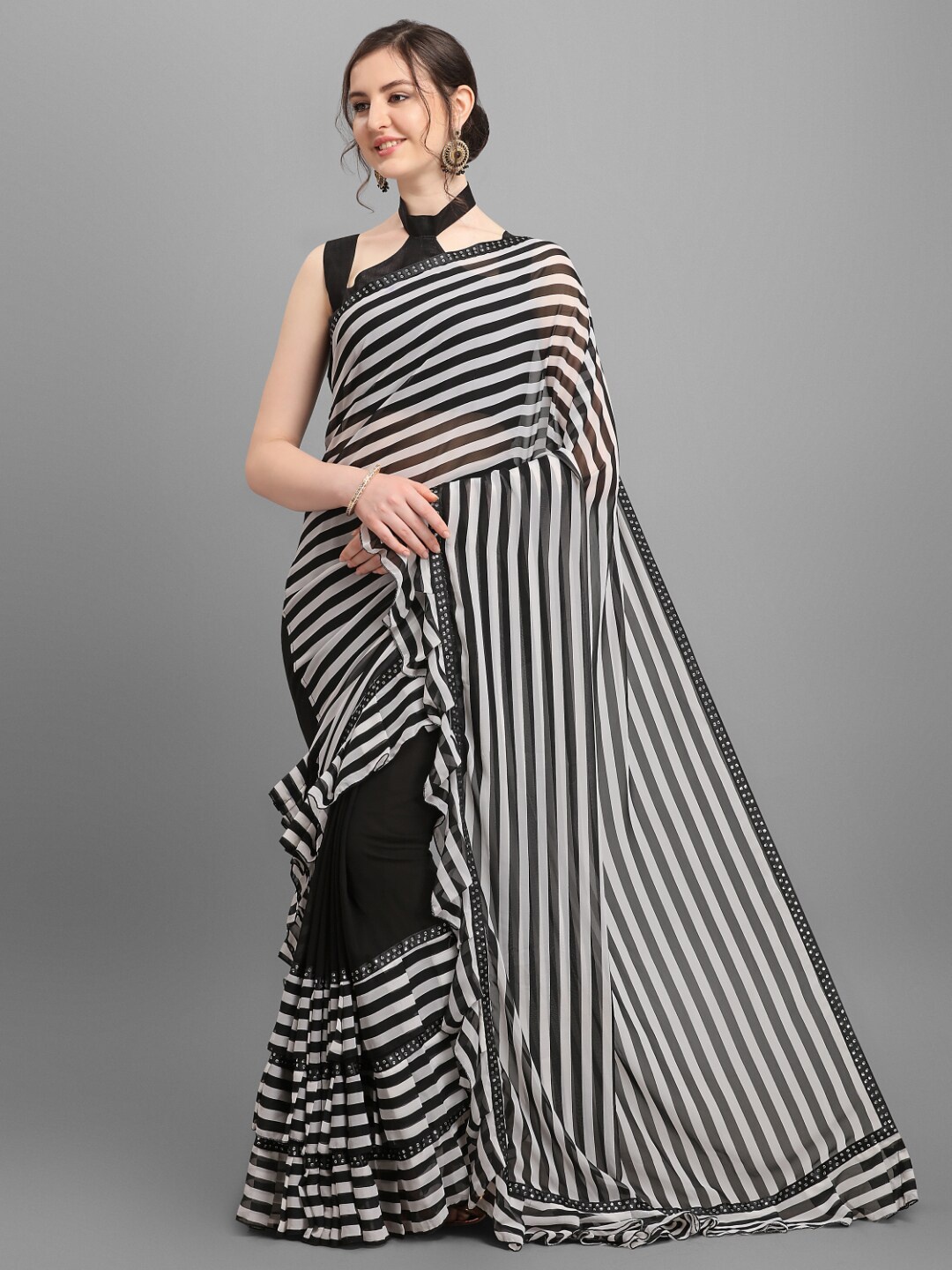 

B4ME COM Black & White Striped Sequinned Pure Georgette Saree