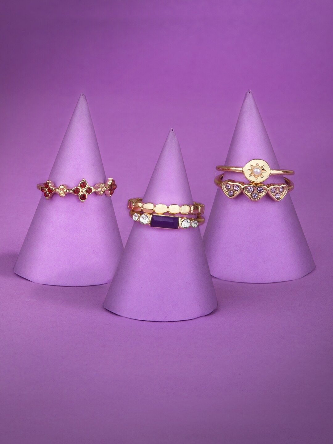 

Accessorize Set Of 5 Gold-Plated White & Purple Crystal-Studded Finger Rings