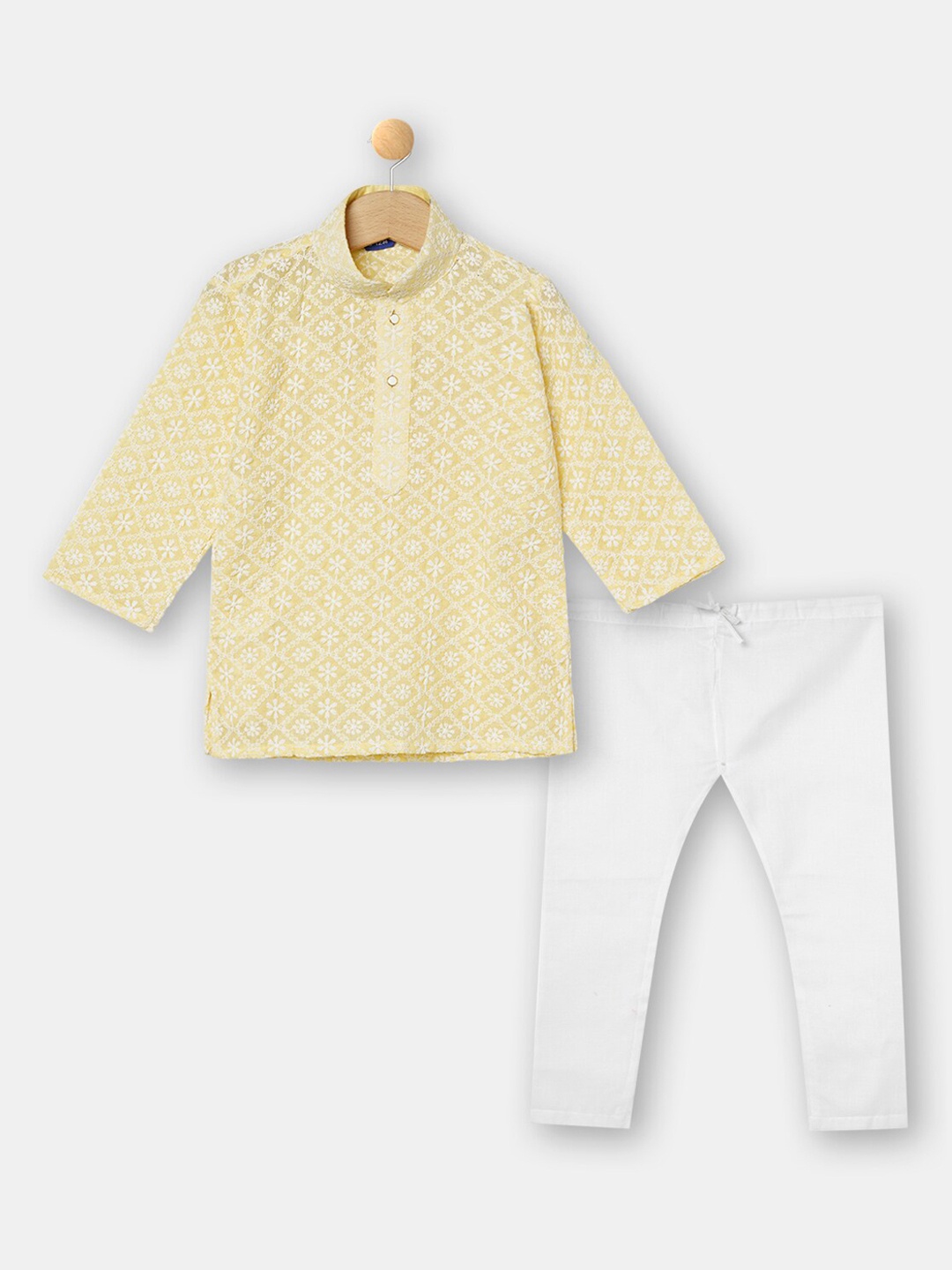 

R&B Boys Yellow Floral Embroidered Thread Work Pure Cotton Kurta with Pyjamas