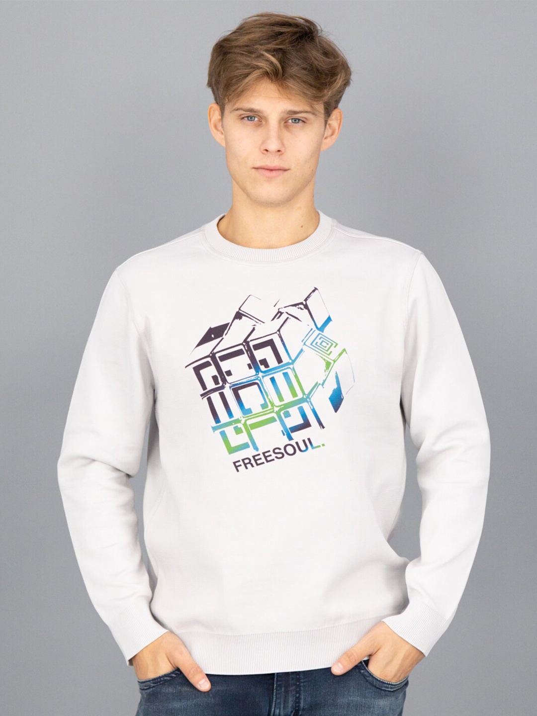 

FREESOUL Men Off White Graphic Printed Long Sleeves Pullover Sweatshirt