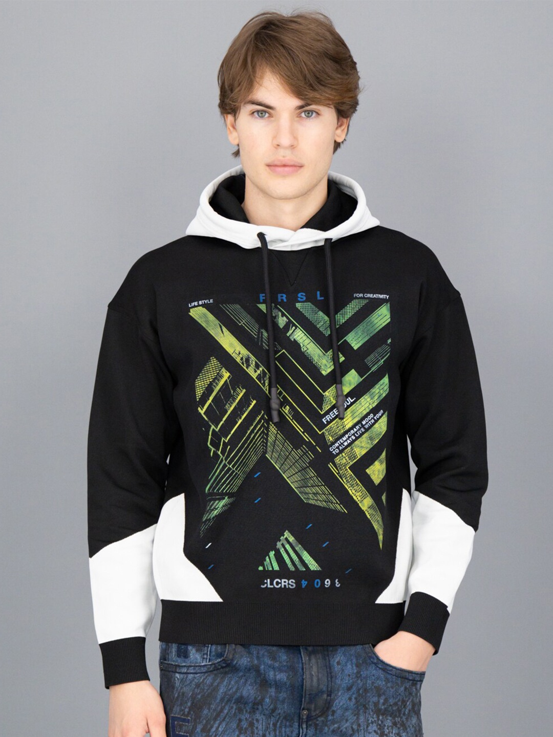 

FREESOUL Men Black And Green Graphic Printed Hooded Pullover Sweatshirt