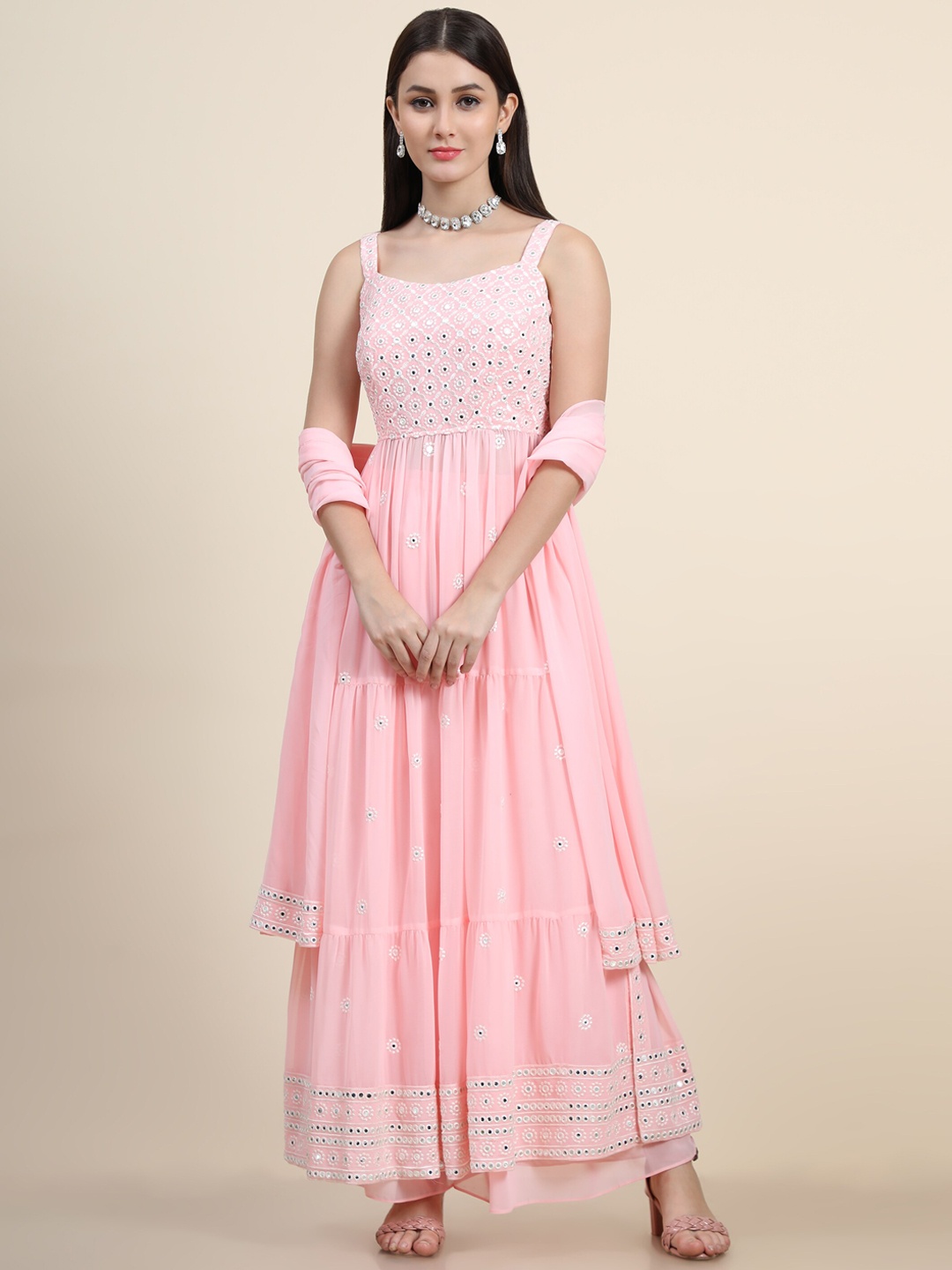 

KALINI Women Pink Floral Embroidered Mirror Work Kurta with Palazzos & With Dupatta
