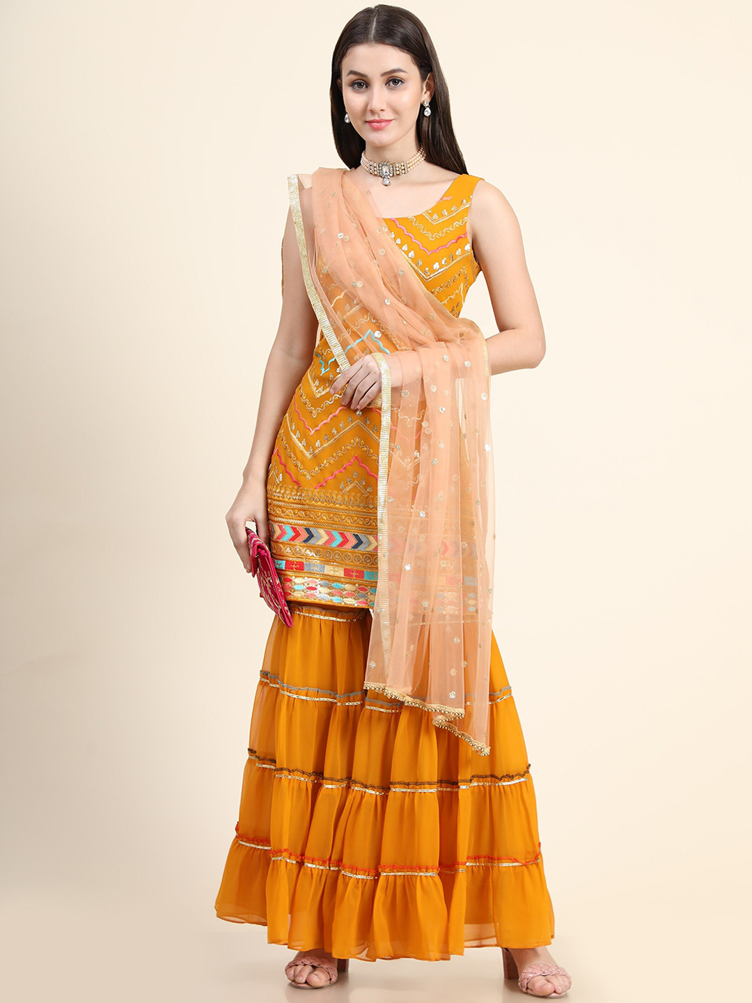 

KALINI Women Mustard Yellow Ethnic Motifs Embroidered Kurta with Sharara & Dupatta
