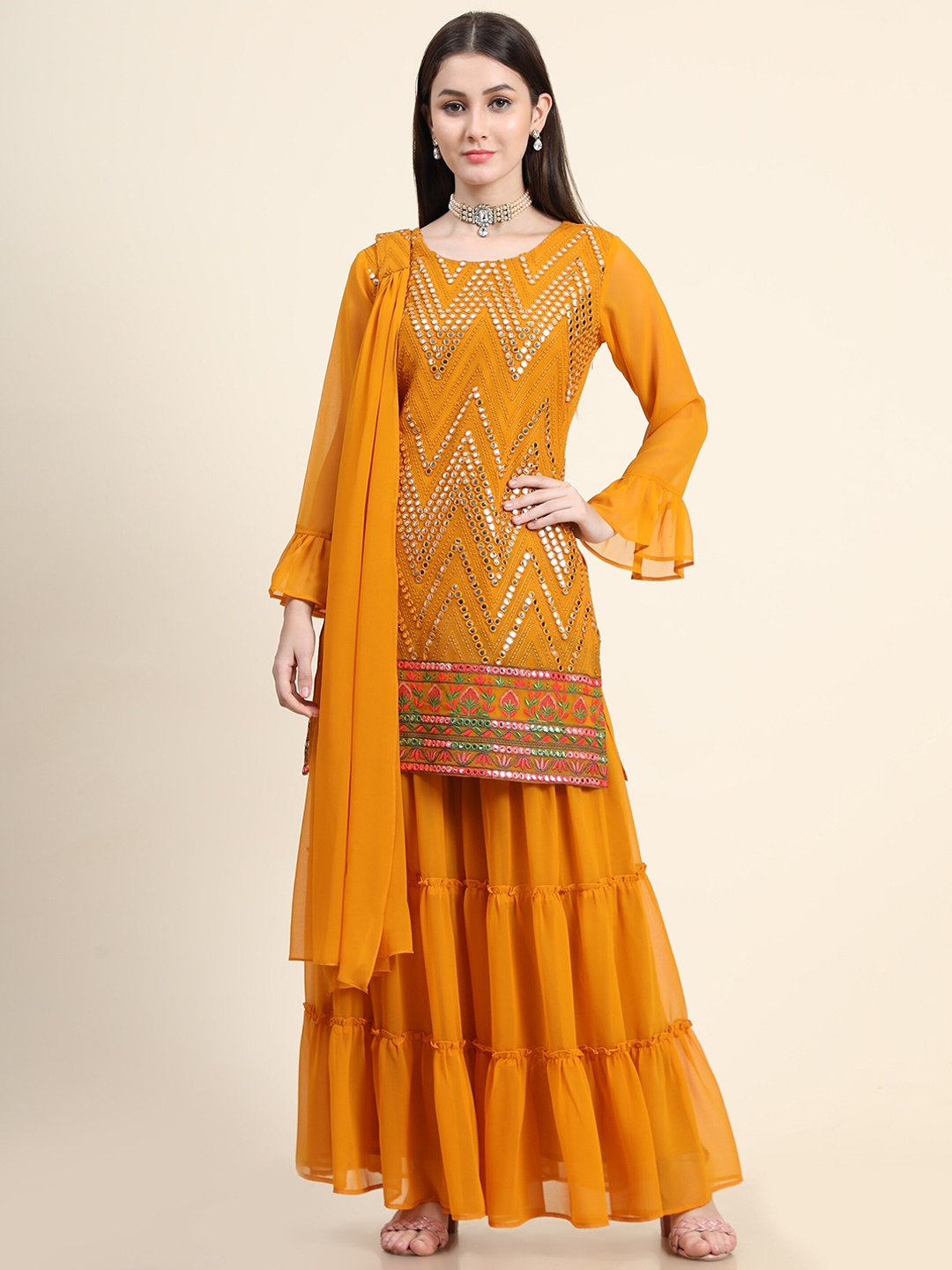

KALINI Women Mustard Yellow Embroidered Mirror Work Kurta with Sharara & With Dupatta