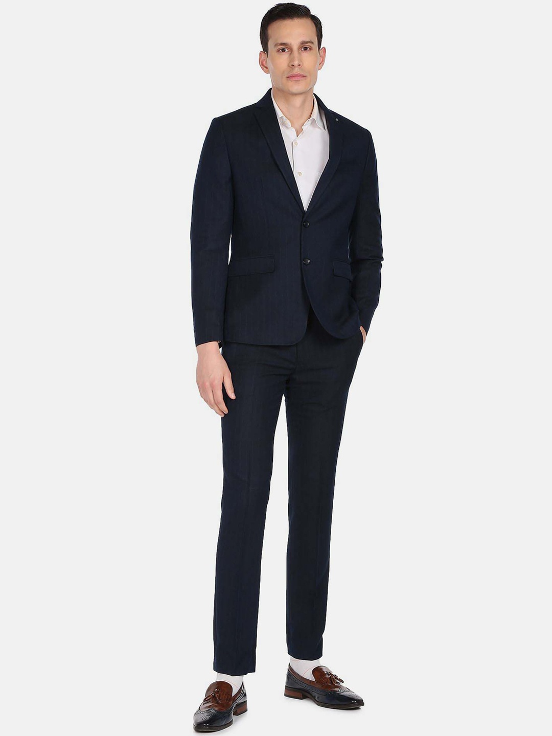 

Arrow Men Blue Striped Single-Breasted Regular-Fit 2-Piece Formal Suit