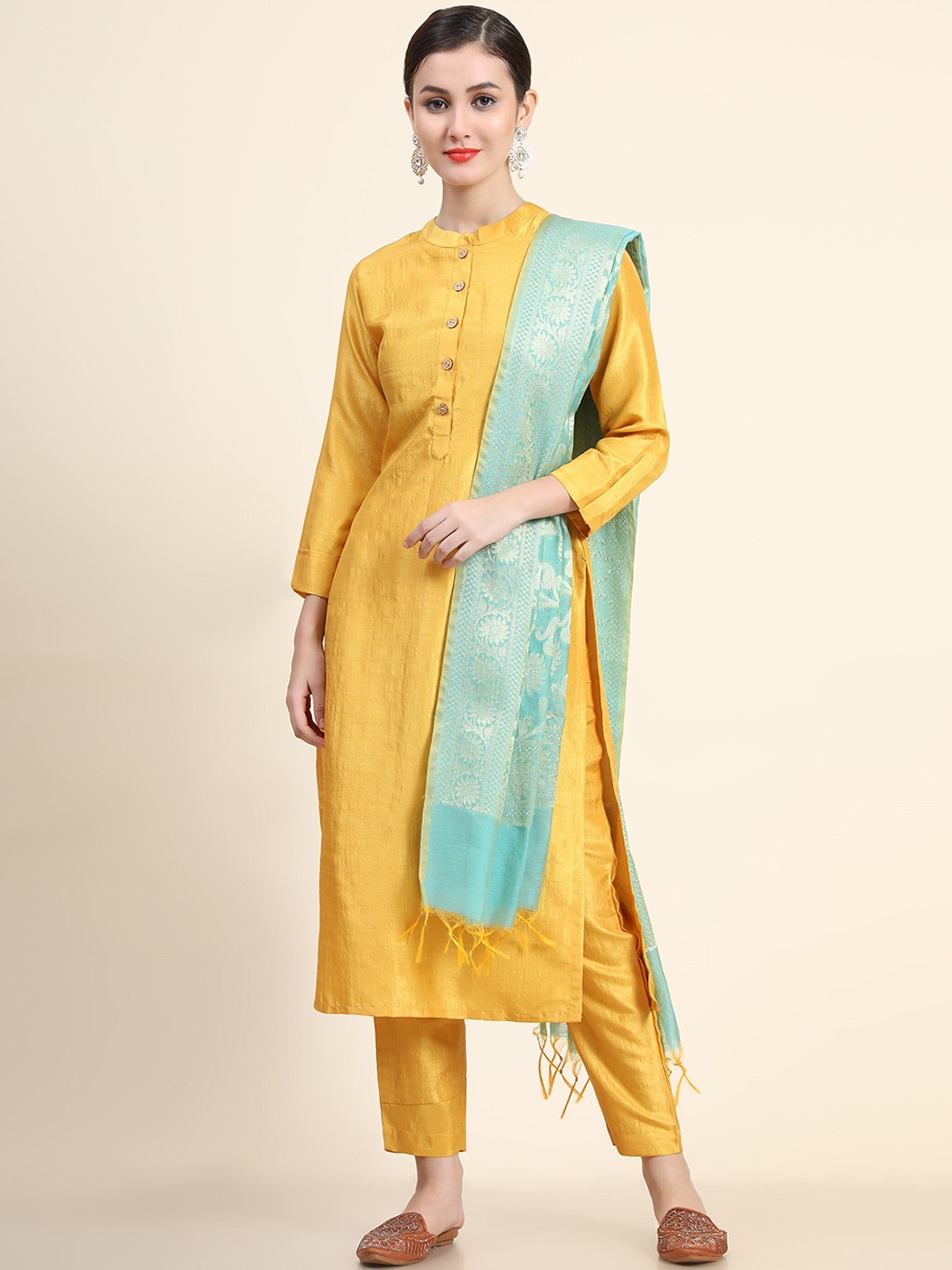 

KALINI Women Yellow Floral Pure Silk Kurta with Trousers & Dupatta