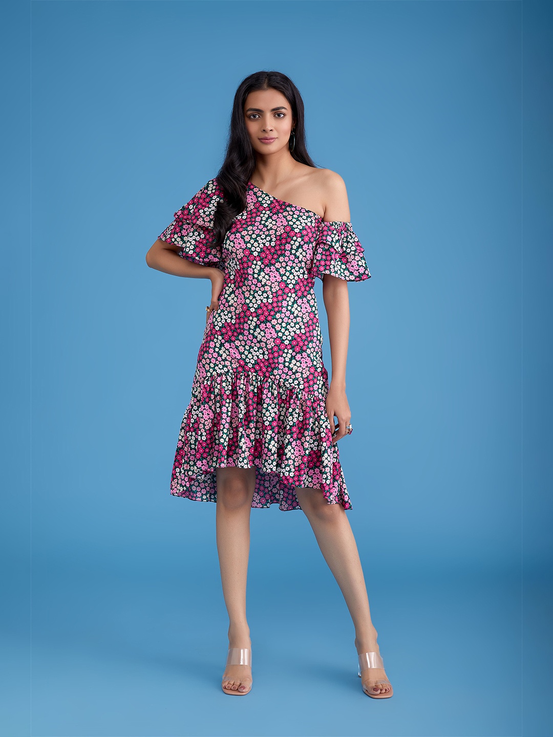 

POPPI Women Pink Floral Off-Shoulder Crepe Drop-Waist Dress