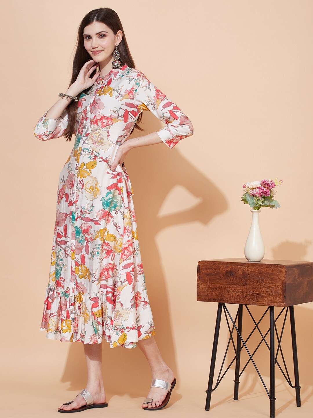 

FASHOR Off White & Red Floral A-Line Midi Dress