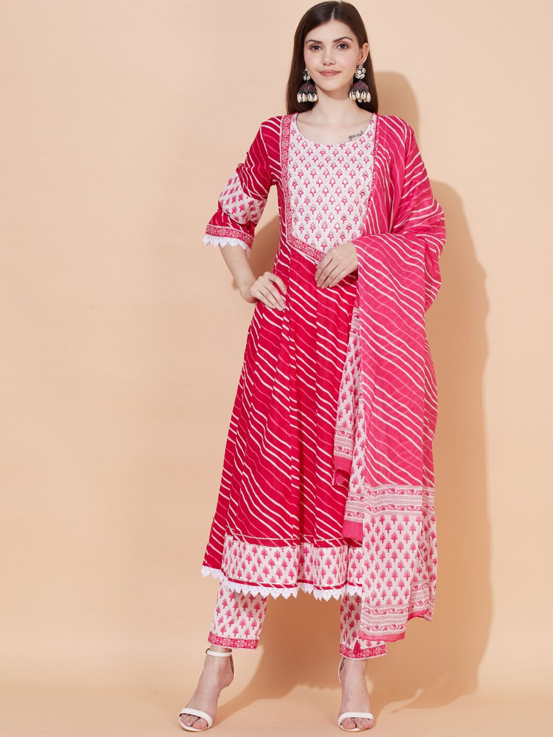 

FASHOR Women Pink Leheriya Printed Pleated Pure Cotton Kurta with Trousers & Dupatta