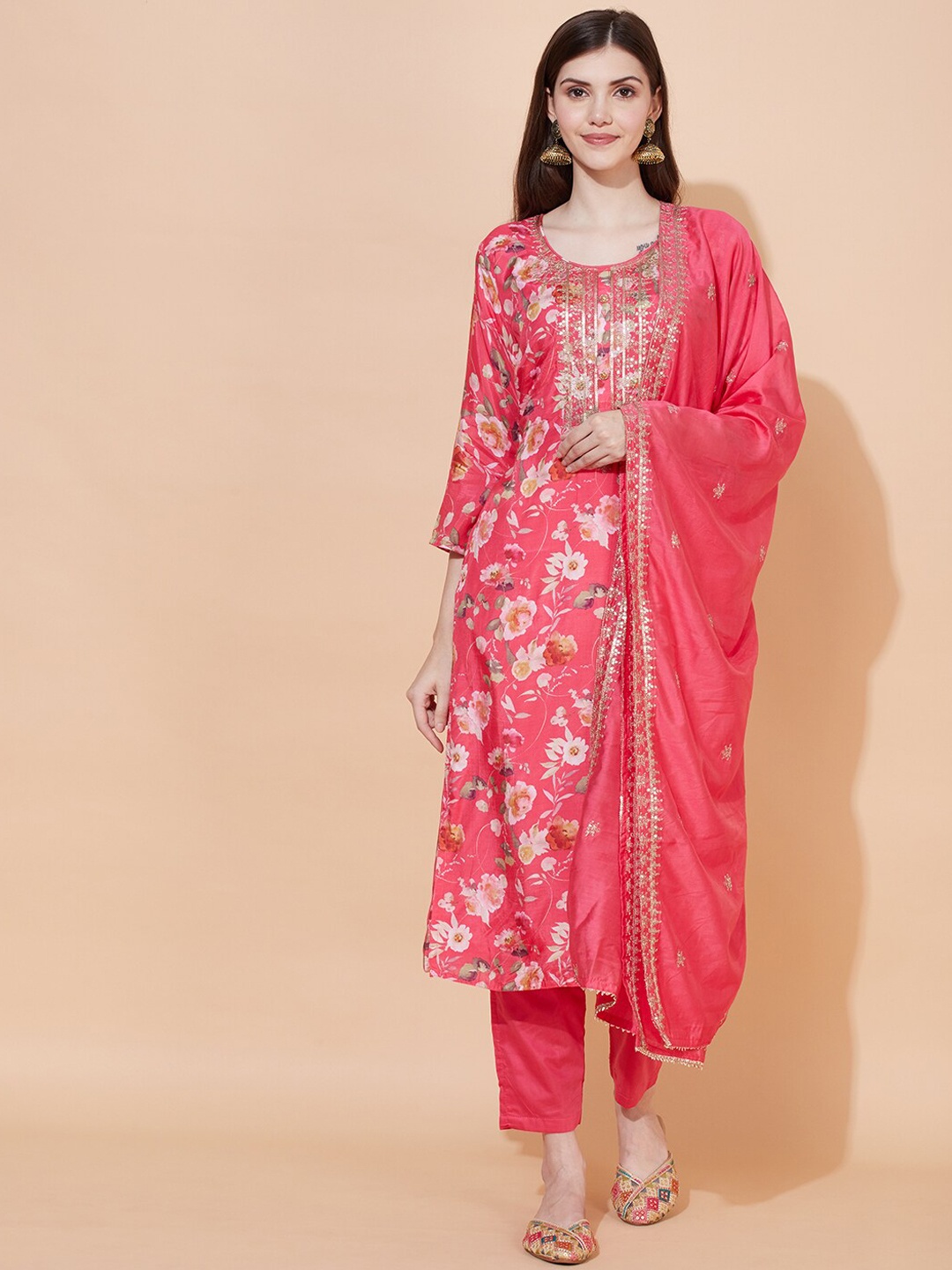 

FASHOR Women Pink Floral Printed Embellished Yoke Kurta With Trouser And Dupatta