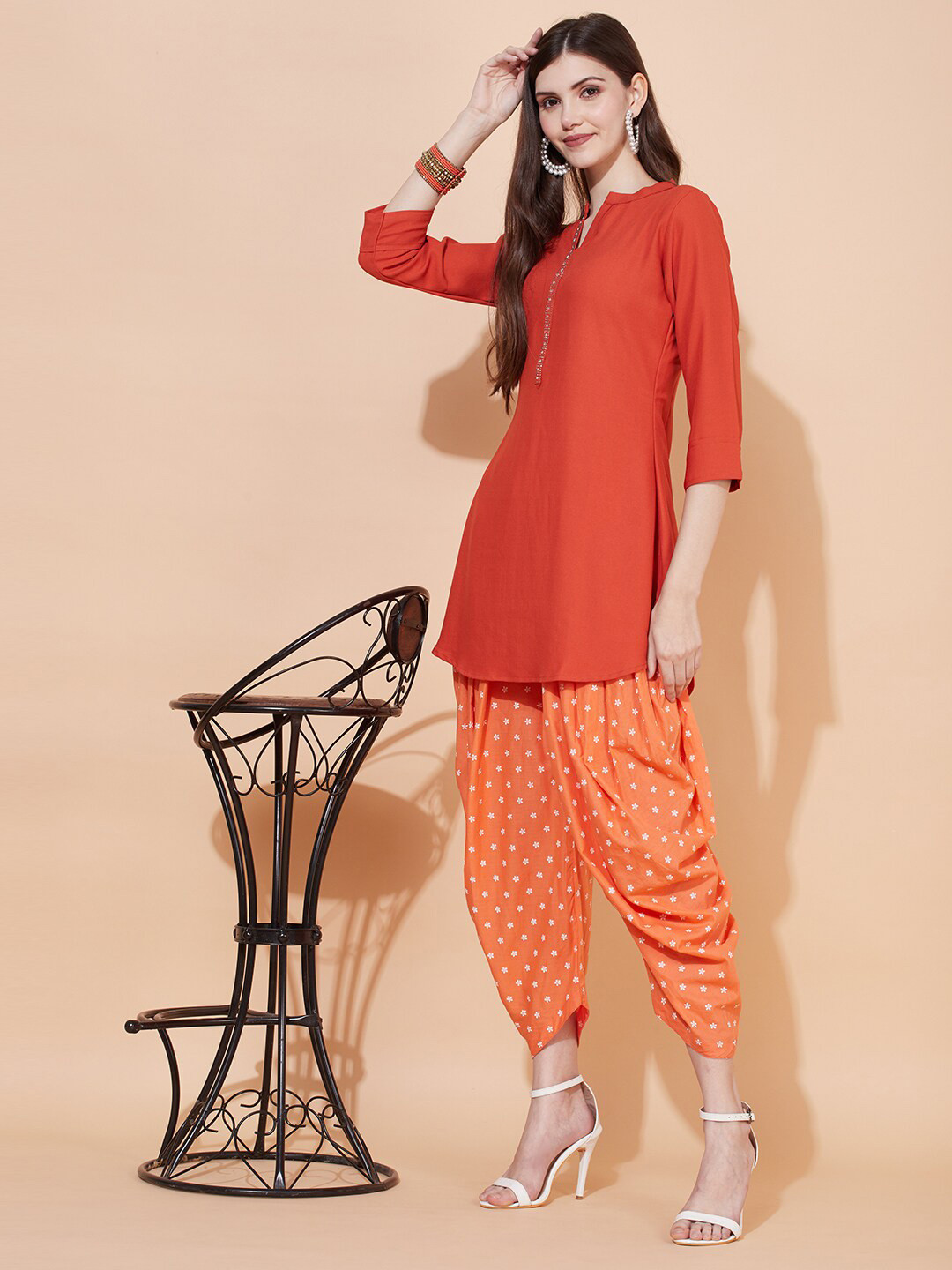 

FASHOR Rust Red Embroidered Pure Crepe Kurti