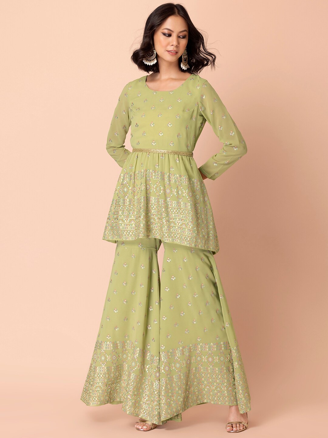

INDYA Women Olive Green & Gold Printed Belted Kurti with Sharara