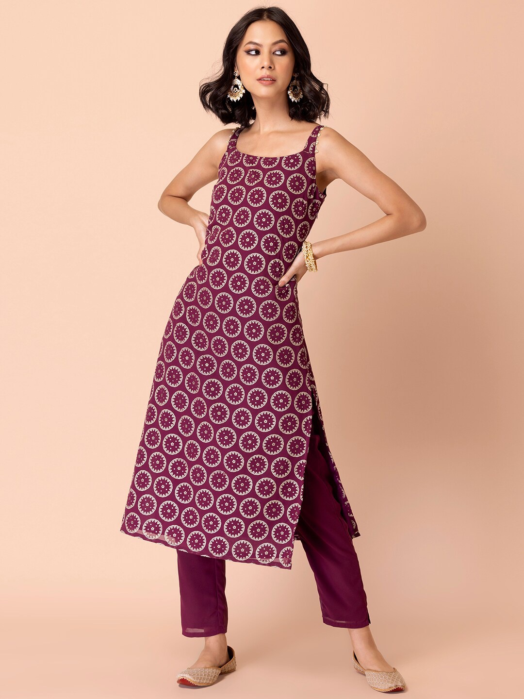 

INDYA Women Pink Ethnic Motifs Printed Kurta with Trouser Set