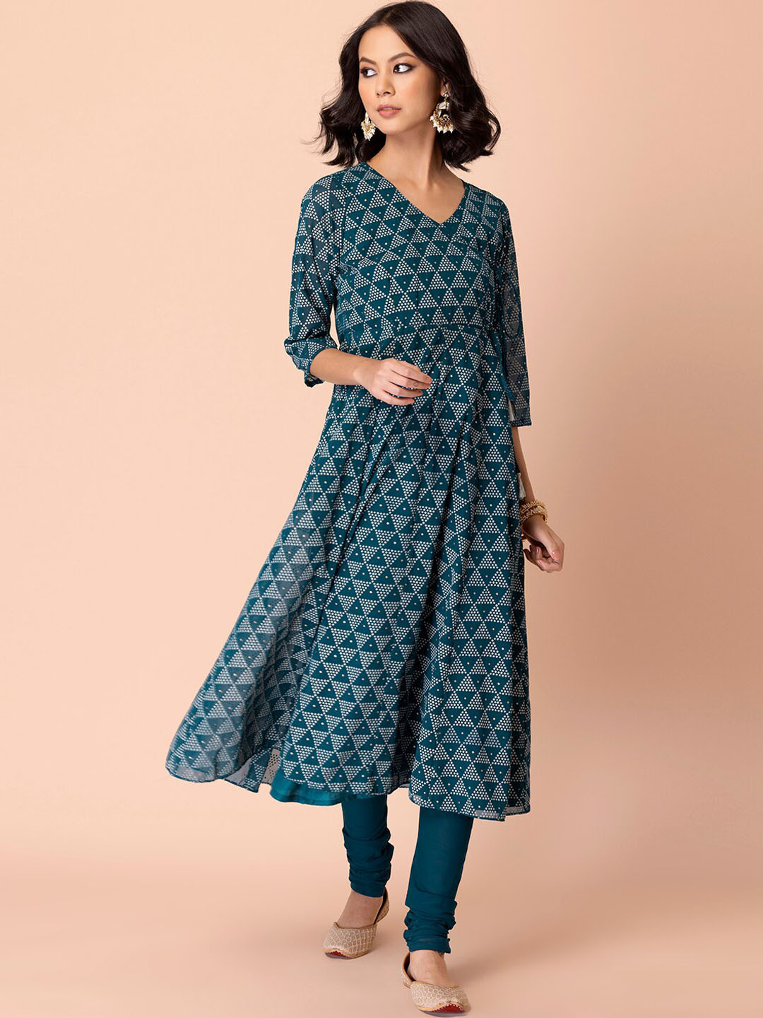 

INDYA Women Navy Blue Printed Angrakha Kurta with Churidar & With Dupatta
