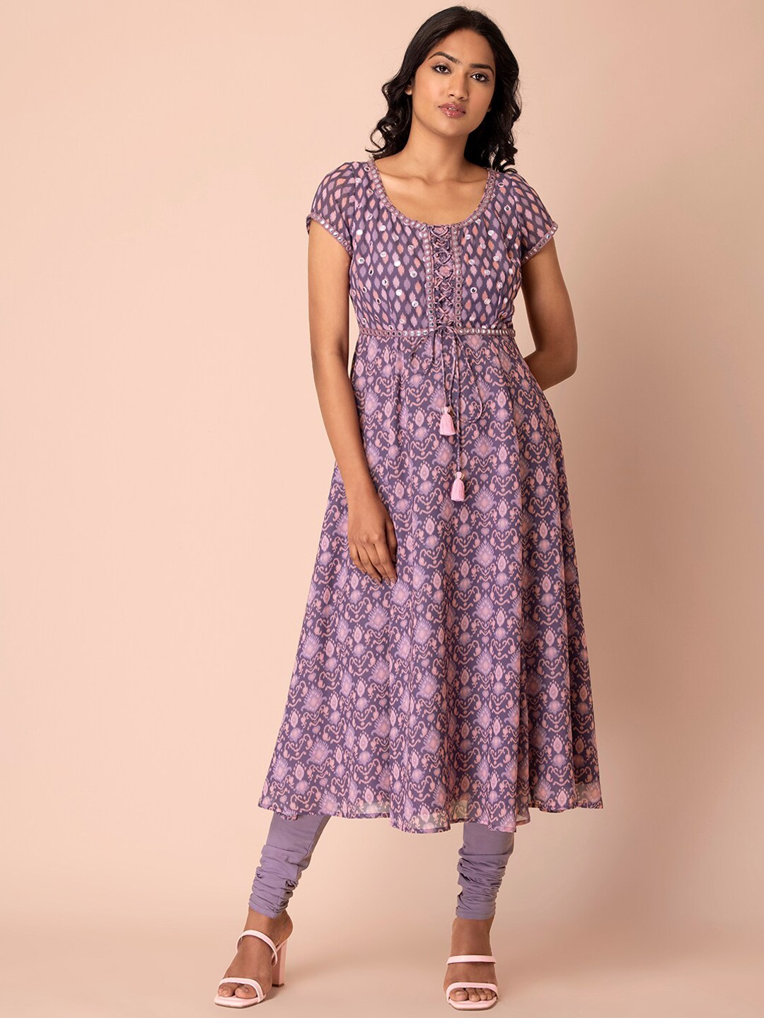 

INDYA Women Purple Ethnic Motifs Printed Empire Mirror Work Kurta with Churidar & With Dupatta
