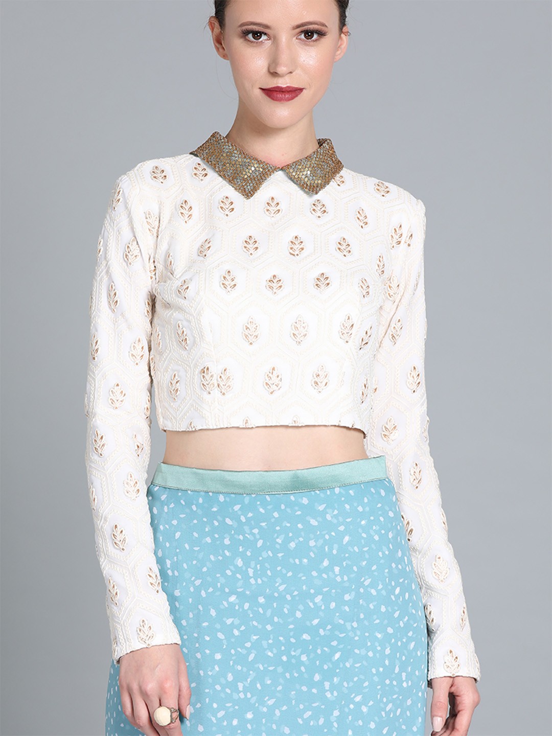 

Ethnovog Off White Embroidered Satin Saree Blouse